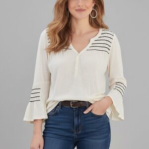 Sundance 100% Linen Boho V Neck Henley Ruffle Sleeve Blouse Cream Top MEDIUM